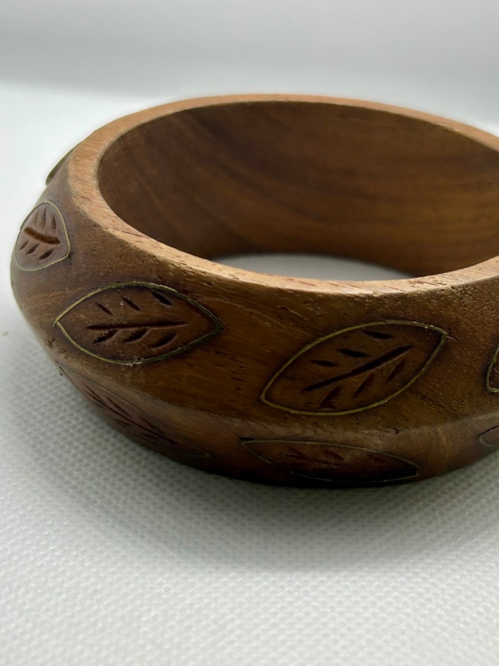 Wooden Bangle, Carved Leaf Detail, Gold Metal Inlay